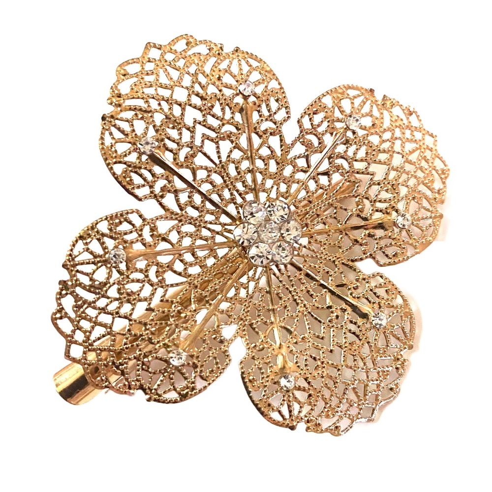 Unique Gold Tone Filagree & Crystal Accents Hair Clip